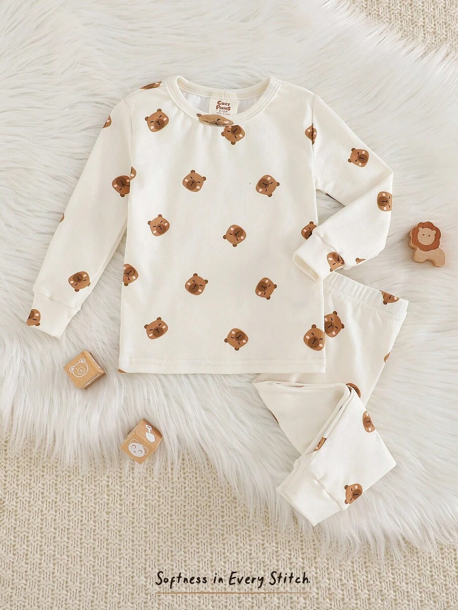 Cozy Pixies 少女卡通熊印花针织柔软圆领长袖上衣和松紧腰长裤两件套舒适睡衣套装 - 彩色 - 查看 1