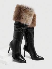 CUCCOO SZL 时尚欧美尖头细高跟石纹性感夜店女式过膝长靴 - 黑色 - 查看 6