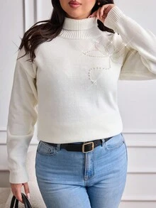 EURMUSE 大码休闲冬季花朵水钻闪亮细节舒适毛衣 - 杏色 - 查看 5