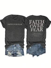INAWLY Plus Size Summer Faith Over Fear Christian Comfortable Jesus Christmas T-Shirt, Fashion Bible Verse - Dark Grey - View 1