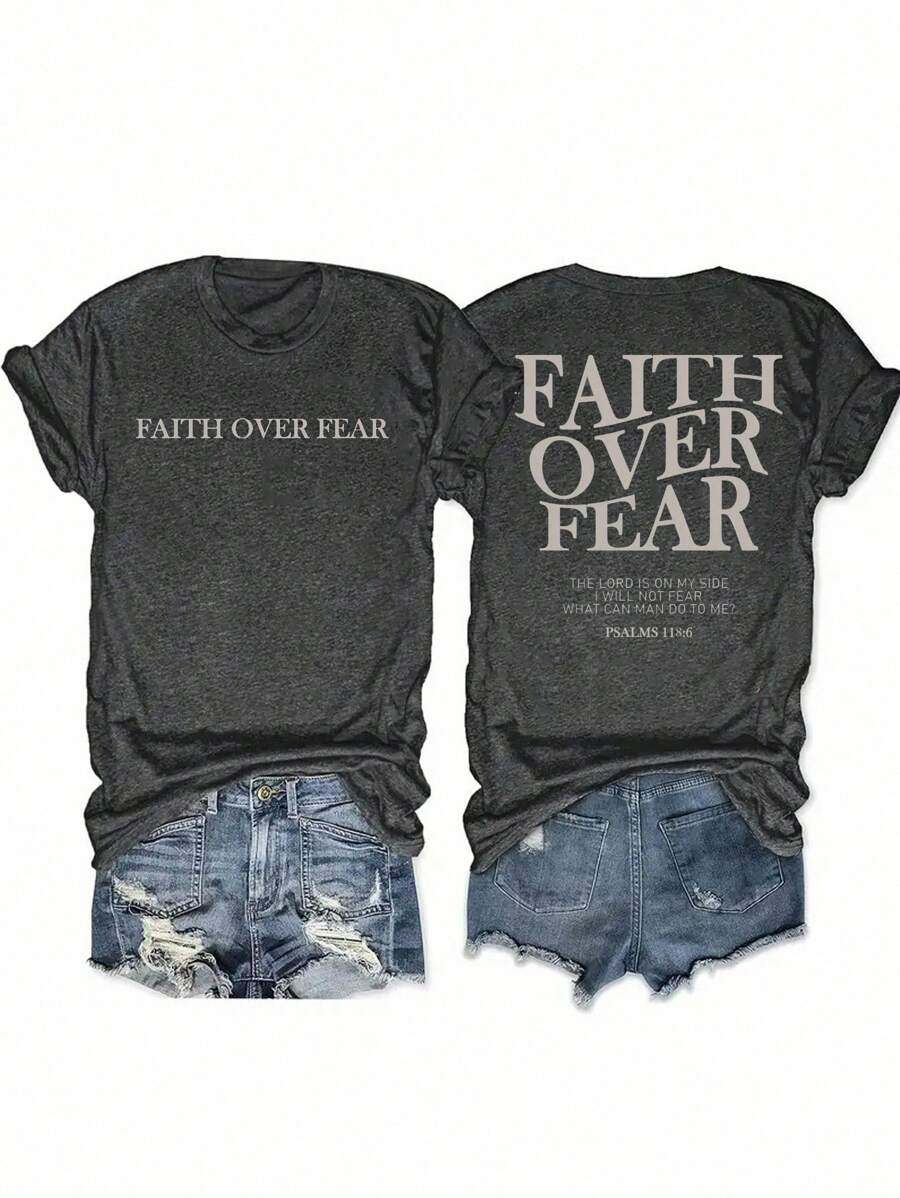 INAWLY Plus Size Summer Faith Over Fear Christian Comfortable Jesus Christmas T-Shirt, Fashion Bible Verse - Dark Grey - View 1