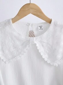 Girls' Casual Long Sleeve Lace Trim Pullover Blouse, Elegant Floral Embroidered Collar Shirt For Outings, Simple White Top - White - View 5