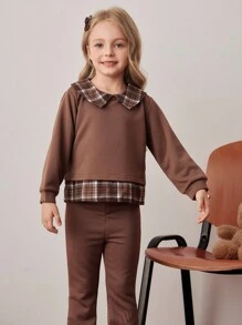 PrepCrw Young Girl Collegiate Style Color Block 2 In 1 Sweatshirt Brown Plaid Top , Fall - Multicolor - View 3