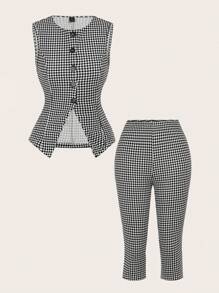 SHEIN SXY Bộ đồ nữ cỡ lớn gợi cảm, thanh lịch không tay, thắt eo kẻ caro và quần legging kẻ caro lửng 3/4, phù hợp cho phong cách công sở quyến rũ, dạ hội, vũ hội, ngày Valentine, trang phục đi du lịch, đi làm, kinh doanh, retro, tiệc tùng, nghỉ dưỡng, đi chơi, phong cách quý tộc, nhiều lớp, hẹn hò, tụ họp, tối giản, sinh nhật, sự kiện trang trọng, Gyaru, Ibiza, Nashville, kỳ nghỉ, kín đáo, sang trọng, thường ngày, mua sắm, thời trang đường phố, đi chơi. - Đen và trắng - Xem 7