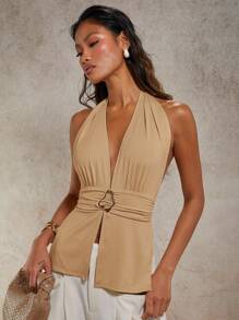 COSMINA Váy khóa kim loại cổ chữ V sâu thanh lịch dành cho nữ, Xuân/Hè - Màu Khaki - Xem 3
