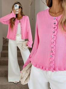 Easowa Fall Winter Women's Single Breasted Long Sleeve Casual Ruffle Trim Knit Sweater Pink Cardigan Women Pink Cropped Cardigan Back To School Business Casual Woman Office Fall Women Sweaters Fall Sweaters Women Sweaters Knit Sweater