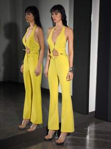 SHEIN EZwear 女式性感露背镂空设计侧系带牛仔连体裤 - 黃色 - 查看 6