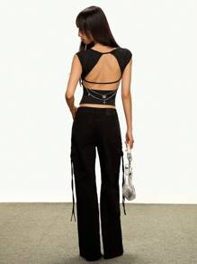 Rina Fox Motorcycle Chic Chain Backless Women Top - Black - View 6