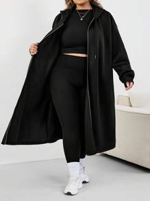 SHEIN CURVE+ Plus Size Women Long Hooded Jacket Coat, Suitable For Autumn/Winterfall Clothes For Women,Winter,CURVE PLUS Black Hooded Coat/Autumn /Winter - Black - View 7