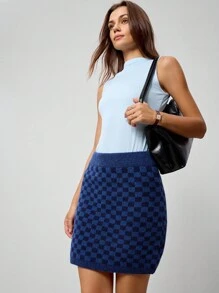 Hanevo Váy len họa tiết Houndstooth đi làm thường ngày cho nữ - Xanh đậm - Xem 4