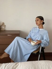 DAZY 条纹领结灯笼袖宽松女士休闲连衣裙，秋冬睡衣，舒适家居服，宽松睡裙 - 藍白色 - 查看 4