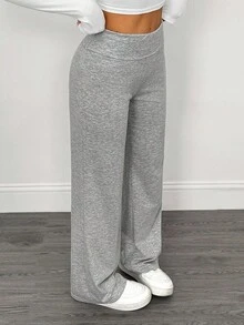 SHEIN PETITE 2pcs Women's Casual High Waist Fold-Over Wide Leg Straight Pants, Suitable For Summer,Fall - Multicolor - View 5