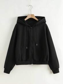 SHEIN Plus Size Women's Solid Color Drop Shoulder Long Sleeve Zipper Front Drawstring Hooded Jacket Fall Winter Cloth For Women Autumn - Black - View 1