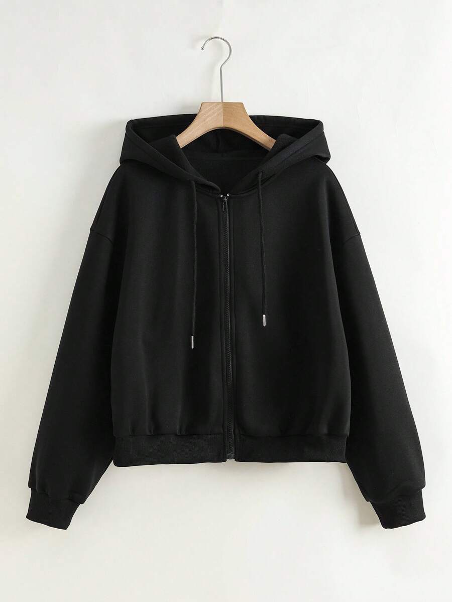 SHEIN Plus Size Women's Solid Color Drop Shoulder Long Sleeve Zipper Front Drawstring Hooded Jacket Fall Winter Cloth For Women Autumn - Black - View 1