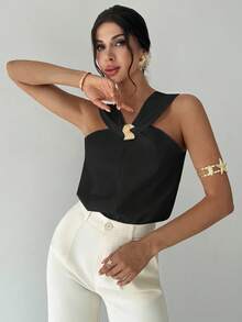 Firerie 女士金属扣装饰 V 领上衣，优雅通勤和度假上衣，春夏装，海滩，通勤，优雅，性感，度假，海滩，波西米亚风，夏威夷，音乐节，浪漫，约会，工作装 - 黑色 - 查看 3