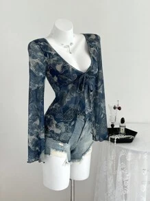 Elamini 1 件海军蓝复古网眼佩里斯印花系带 V 领收腰长袖 Y2K 女士休闲衬衫，春秋款 - 藏蓝色 - 查看 5