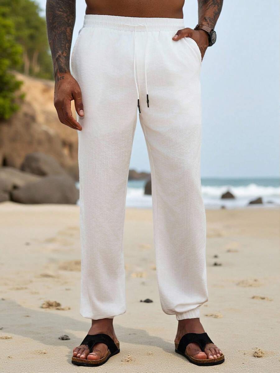 Manfinity Homme Men's Casual Versatile Solid Color Drawstring Waist Pants - White - View 1