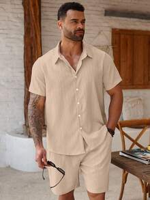 Manfinity Homme Costum casual pentru bărbați, mărime plus, culoare solidă, mânecă scurtă, cu un singur nasture, cămașă și pantaloni scurți - Kaki - Vizualizare 3