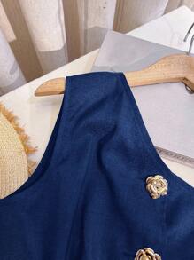 Franclia Fashionable & Elegant Versatile S-Shaped Sexy Shoulder Metal Buckle Decor Top, Spring/Summer - Royal Blue - View 3