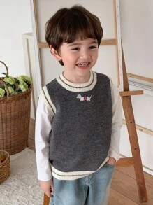 儿童秋装幼儿男童宽松毛衣背心腊肠犬宽松休闲可爱图案刺绣秋季 - 灰色 - 查看 6
