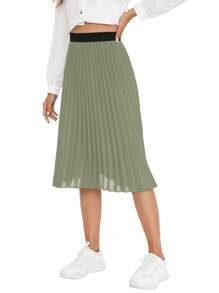 Ellevyn Women's Fashion Casual Elegant Contrast Color Pleated Midi Skirt