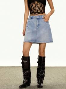 Rina Fox Casual Fashion Versatile Simple Button Women Denim Mini Skirt