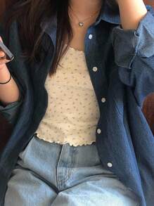 DAZY 女士分层设计独特牛仔衬衫、通勤休闲上衣、牛仔夹克、秋季女装 - 深色水洗藍 - 查看 6