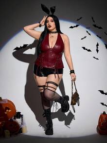 SHEIN CURVE+ 大码女式勃艮第酒红色简约 PU 皮革吊带装饰系带背心，Y2K 休闲勃艮第酒红色 V 领上衣，万圣节/秋冬假日 - 酒紅色 - 查看 7