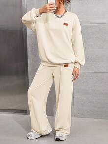 SHEIN 少女两件套杏色圆领针织衫长袖宽松补丁上衣和阔腿裤休闲家居服套装 - 杏色 - 查看 4