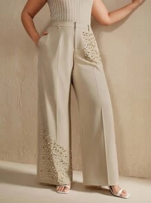 Anewsta Plus Size Fashionable Beaded Women Pants Fall - Cream - View 6