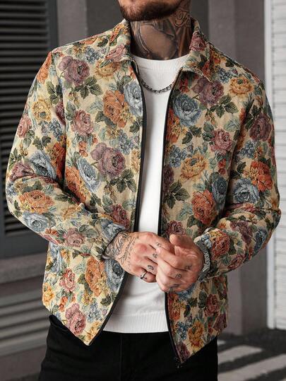 Manfinity CasualCool Men's Long Sleeve Street-Style Jacket, INS Matching, Jacquard Jacquard Fabric, Casual Wear, Gift For Boyfriend/Husband, Anniversary Gift, Zip-Up Jacket Men Floral Jacket , Fall