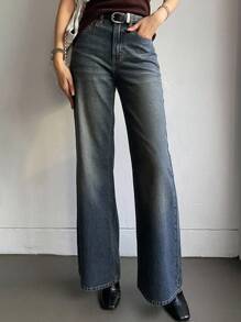 Dazy Tall 女式高腰长款直筒休闲牛仔裤 - 中等水洗藍 - 查看 9