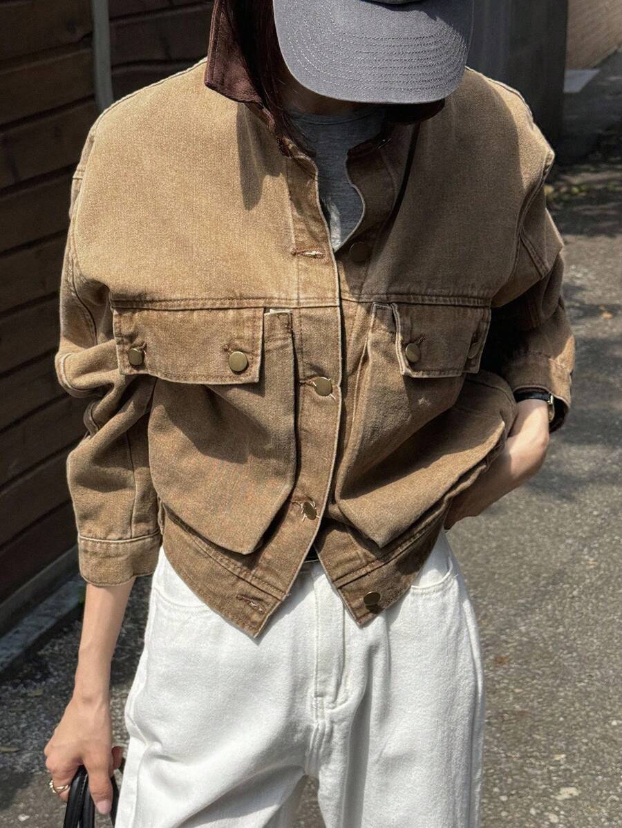 Livesso 女式拼色拼接领短款牛仔夹克,大口袋,休闲街头风格 - 卡其色 - 查看 1