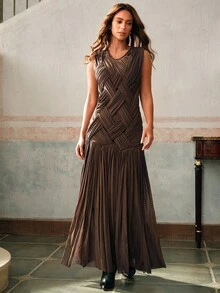 Anewsta Women's Brown New Knitted Sleeveless Elegant Street Style Maxi Dress, Long Flared Skirt, Sophisticated Dress - Brown - View 3