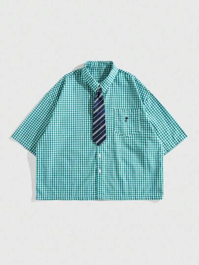 Street Life Camicia casual da uomo a manica corta con taschino, a quadri e monopetto