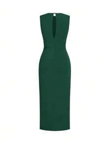 Ellevyn Summer Elegant Women's Solid Color Pleated Metal Decoration Sleeveless Hanging Knitted Long Skirt - Dark Green - View 4