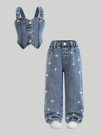 2pcs/Set Girls Casual Comfortable Vacation Fashion Street Chic Cute Washed Soft Non-Stretch Loose Denim Long Pants And Cropped Camisole Vest, Lightweight Summer Fall Winter