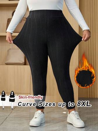 SHEIN CURVE+ Curves 大码/学校服装/返校服装/返校大码黑色高腰休闲紧身裤，秋冬季弹力针织打底裤，大码打底裤女 8xl 女装大码紧身裤/秋冬