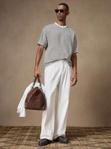 AKNOTIC Business Casual Áo thun nam cổ tròn tay ngắn họa tiết sọc rộng rãi, thoải mái, phù hợp cho mùa hè - Xám - Xem 2