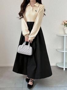 FRIFUL Đầm dài thường ngày họa tiết chắp vá màu đen trơn tương phản, cổ áo vải họa tiết, eo rộng rãi, đa năng, thu/đông - Màu be - Xem 6