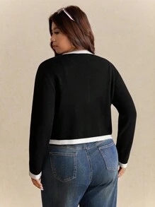 Elaquor 秋冬大码女式撞色圆领长袖单排扣休闲针织开衫 - 黑色 - 查看 2