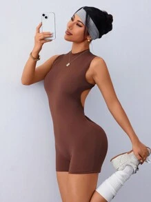 Easithlete Tight Hollow-Out Jumpsuit For Women, Suitable For Yoga & Outdoor Activities - Brown - View 4