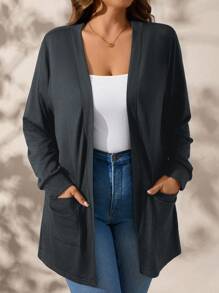 SHEIN Clasi Chaqueta holgada de manga larga con bolsillo, de punto en color gris oscuro, talla grande