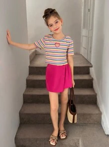 Tween Girls' Sweet & Cool Daily Striped Short Sleeve Top With Skirt