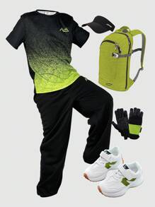 SHEIN Conjunto deportivo informal para niños preadolescentes, camiseta de manga corta de cuello redondo y pantalones jogger