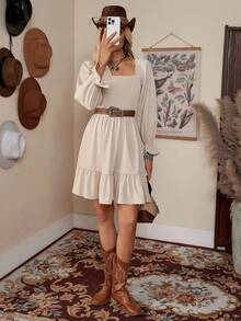 LanaWest Square Neck Shirred Bodice Flounce Sleeve Ruffle Hem Dress