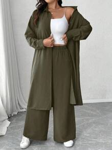 Linhara Woven Fabric Ruffle Suit Set For Women Featuring Long Pants And Collar Neckline Olive Green Outfit Women Women Pant Suit Set Plus Size Pant Suit Khaki Outfits For Women Modest Outfits For Women Fall Cloth For Women