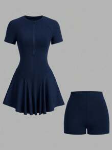 CourtClass 女士休闲纯色短袖运动连衣裙（配短裤）夏季 - 寶藍色 - 查看 6