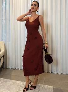 Lavishia Mocha Textured 3D Floral Knit V-Neck Slip Dress Fall Clothes For Women