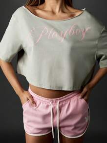 Missguided x Playboy 露肩短款夏季家居服上衣休闲宽松街头风格节日海滩度假短袖短款 - 淺灰色 - 查看 4